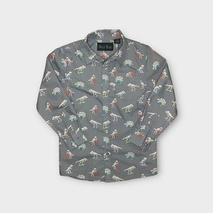 Bold Blue Skeleton Dinosaur Surf Pattern Button Up Shirt NWOT